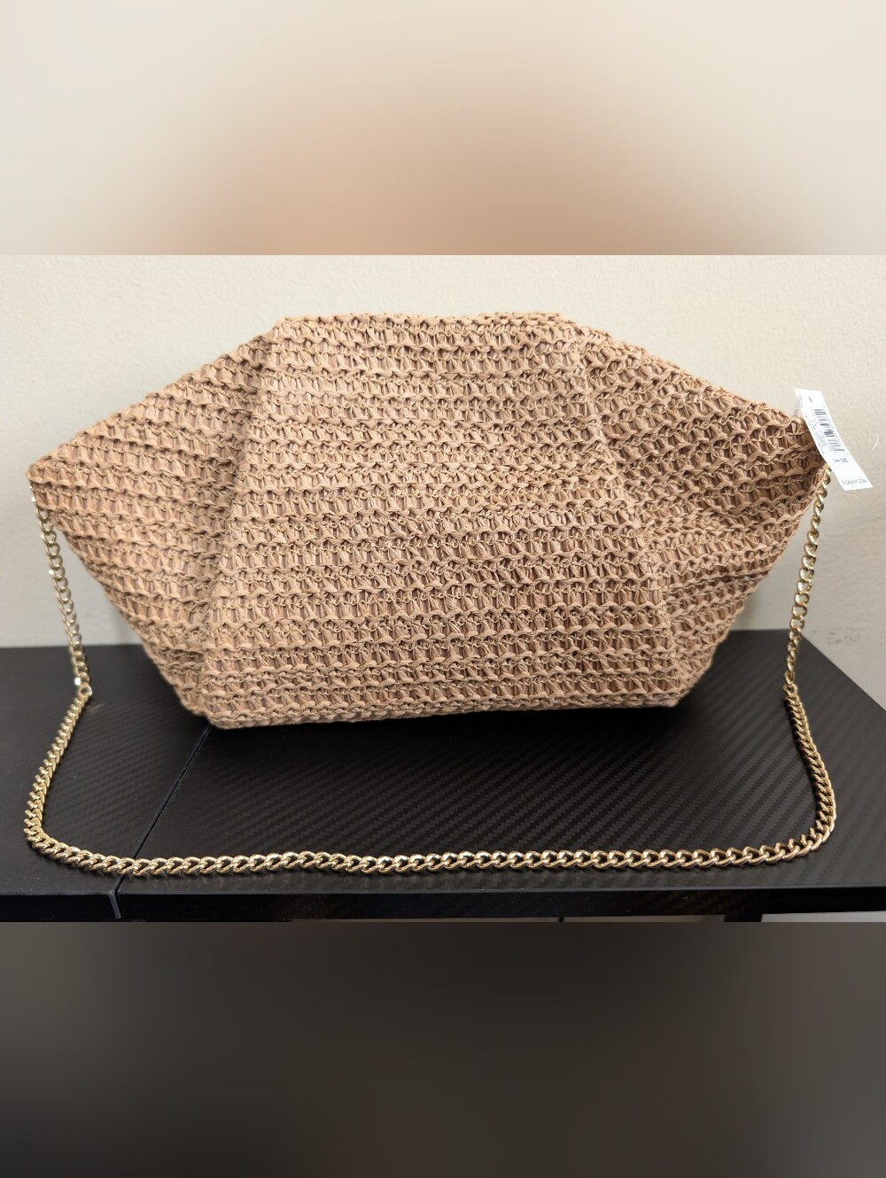 NWT Old Navy Raffia Frame Shoulder Bag - Beige Straw & Gold Chain